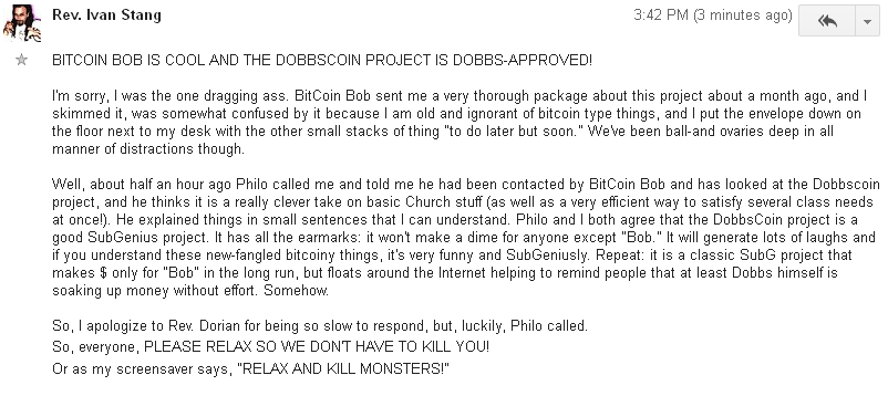 Rev. Ivan Stang's blessing of the Dobbscoin project